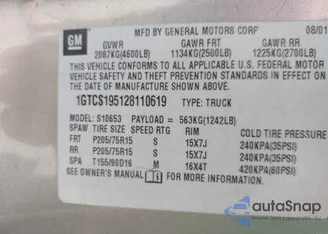 2002 GMC Sonoma Sls из США, поврежденный, VIN 1GTCS195128110619